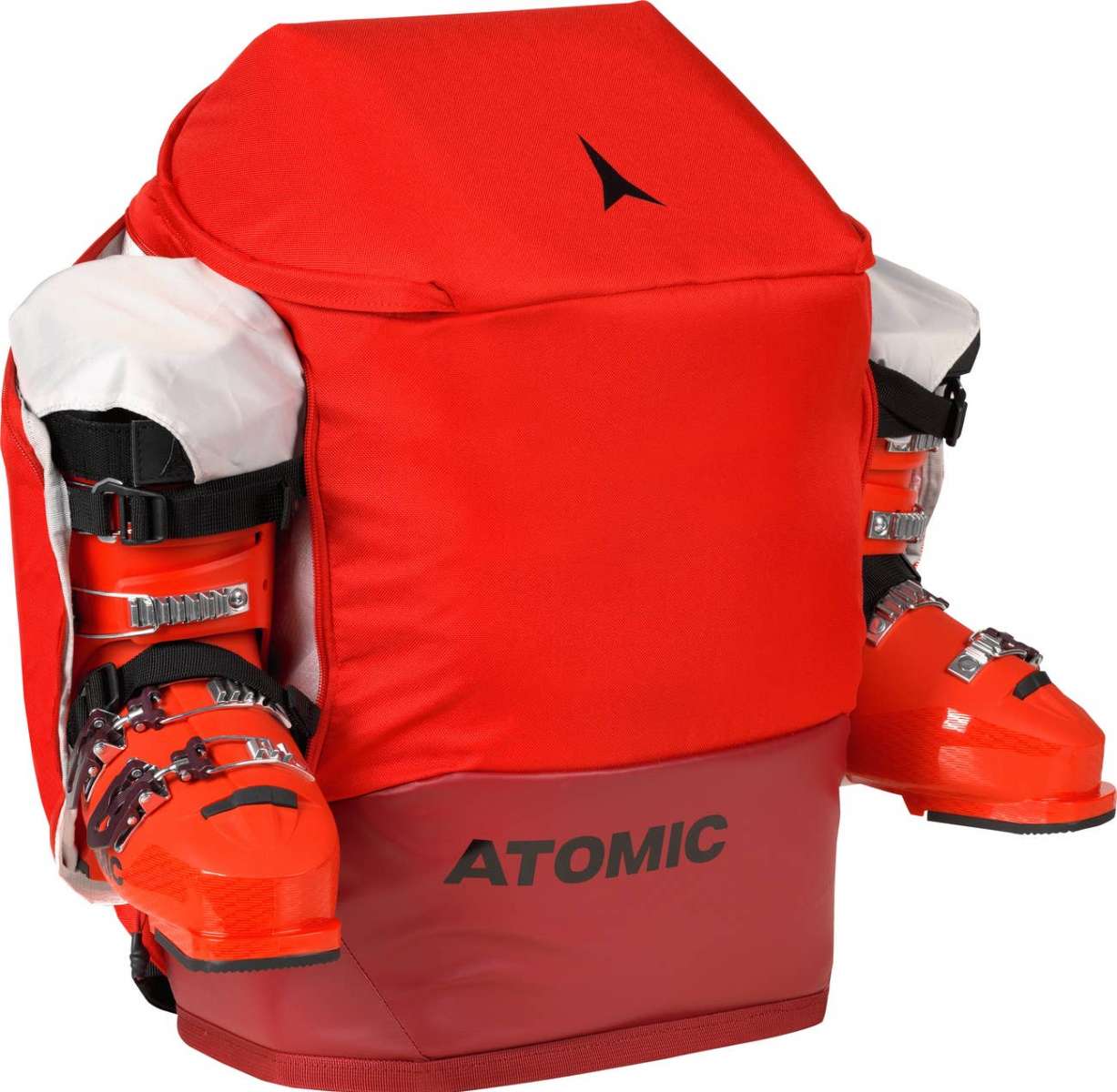 Atomic RS 30L Backpack - A red backpack with a zippered front pocket and two side pockets, featuring black buckles and straps.