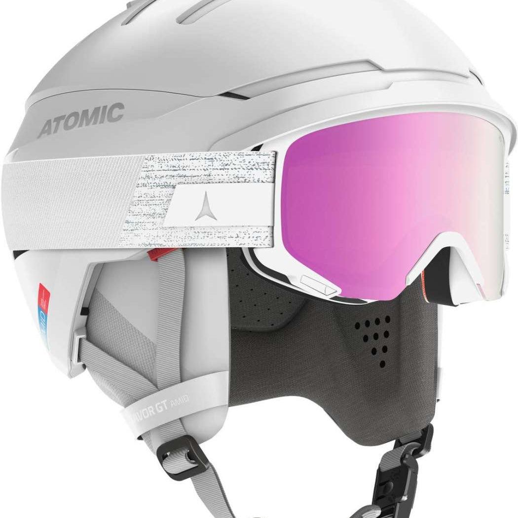 Atomic Savor GT Amid Helmet 2022-2023 - A white helmet with a pink visor and gray straps.