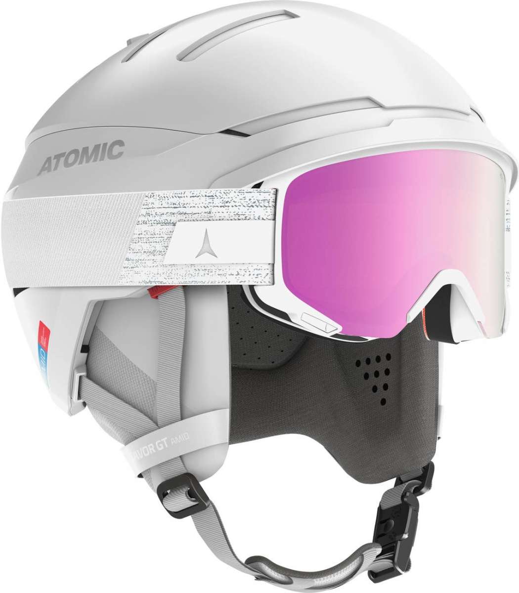 Atomic Savor GT Amid Helmet 2022-2023 - A white helmet with a pink visor and gray straps.