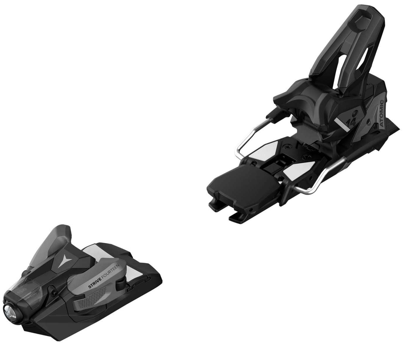 Atomic Strive 14 GW Ski Bindings 2024 - Black ski bindings with silver hardware and a white logo on the top plate.