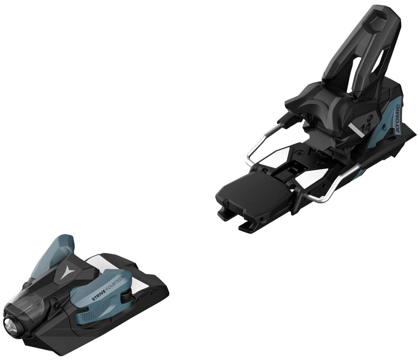 Atomic Strive 14 Ski Binding - Black ski binding with silver hardware and a blue logo on the side.