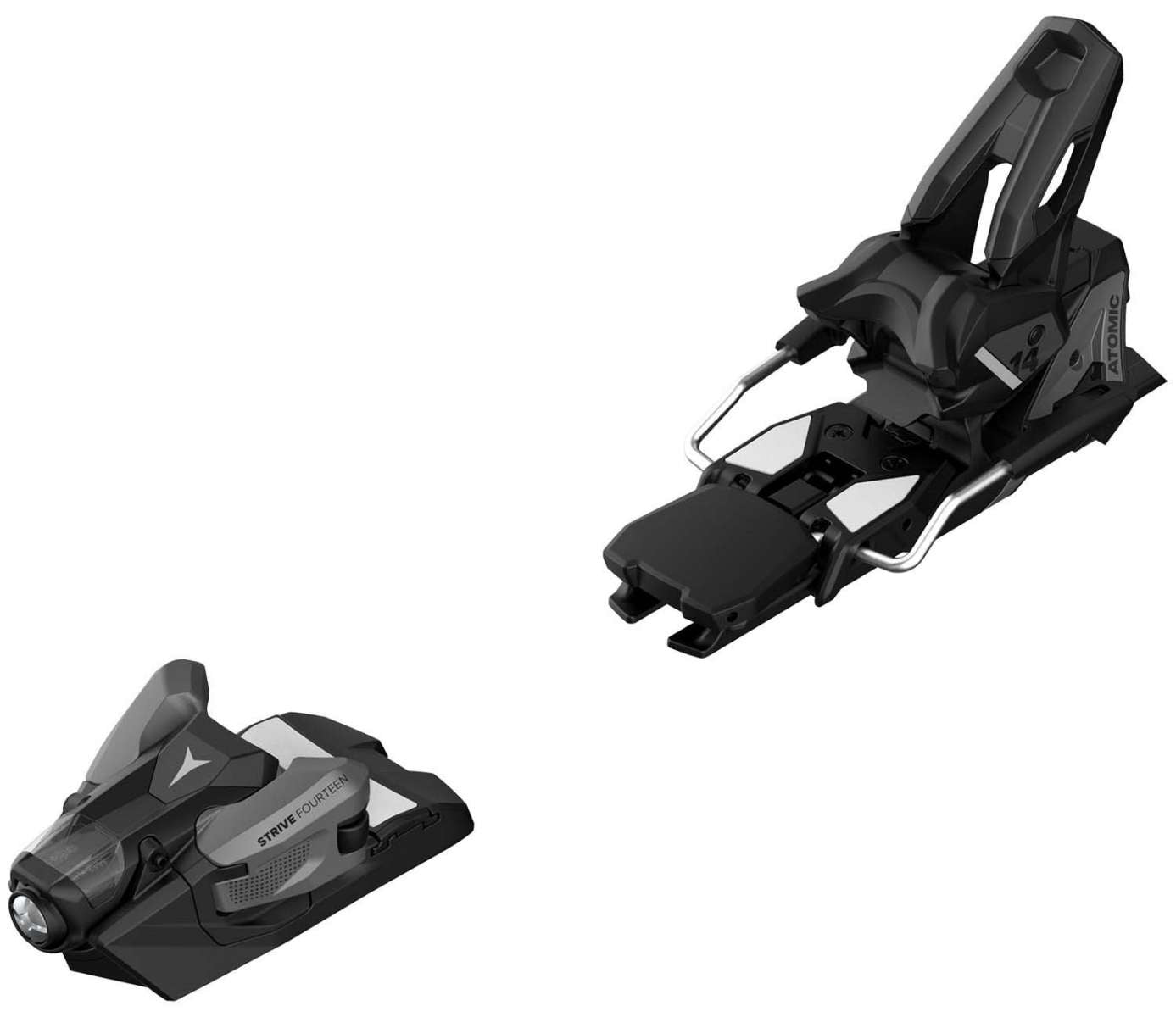 Atomic Strive 14 Ski Binding - A black ski binding with a silver logo on the side and a metal lever.