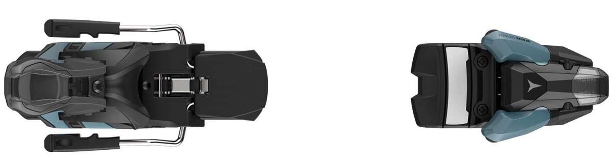 Atomic Strive 16 Ski Bindings 2024 - Black bindings with silver hardware and a rectangular box on top.