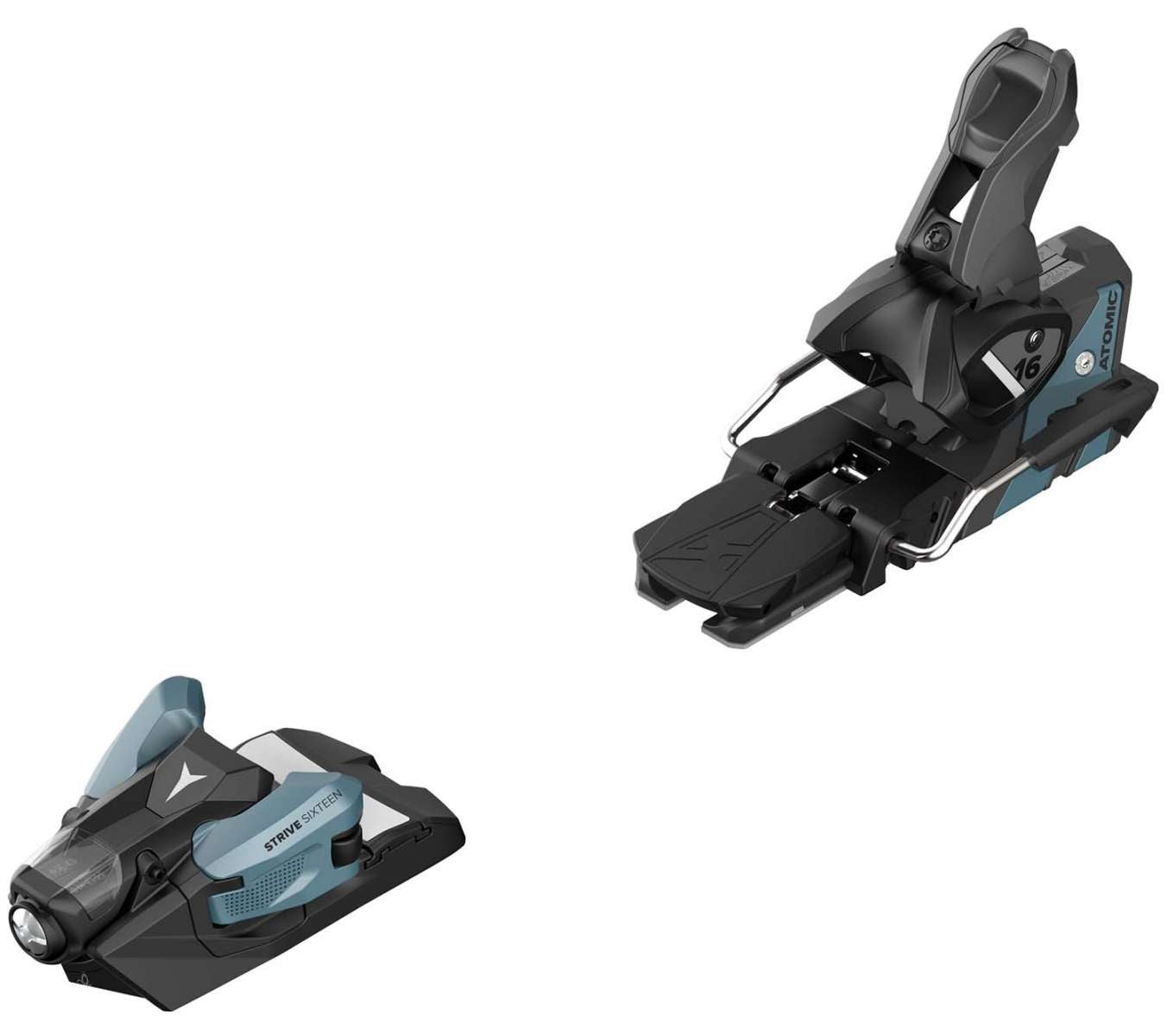 Atomic Strive 16 Ski Bindings 2024 - Black ski bindings with silver hardware and a white logo on the top left corner.