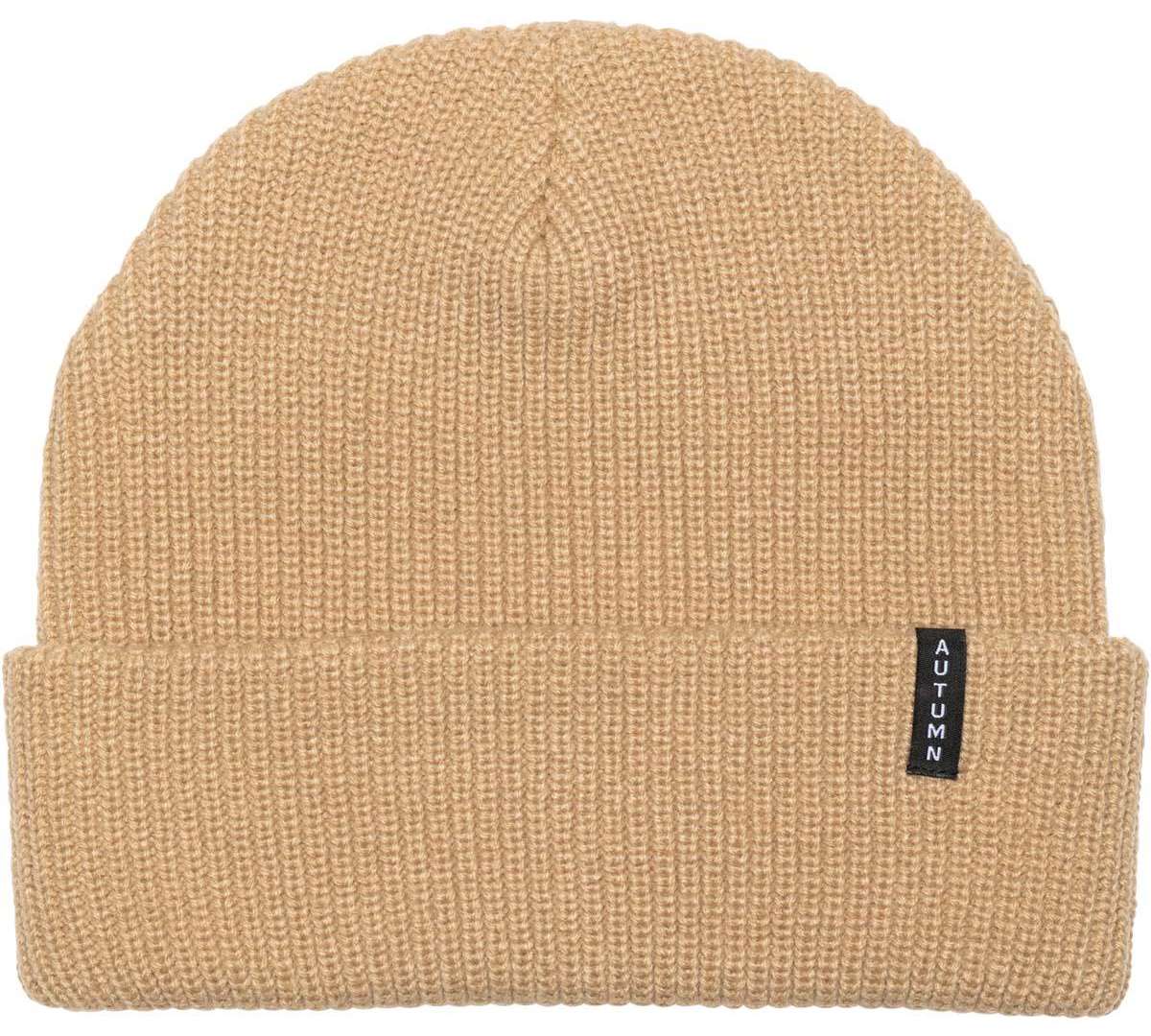 Autumn Select Beanie 2023 - A tan beanie with a black label featuring white lettering that reads "AUTUMN".