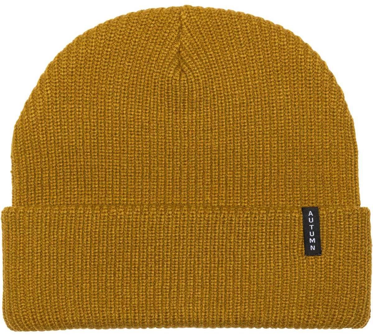 Autumn Select Beanie 2023 - A mustard yellow beanie with a black label featuring white lettering that reads "AUTUMN".