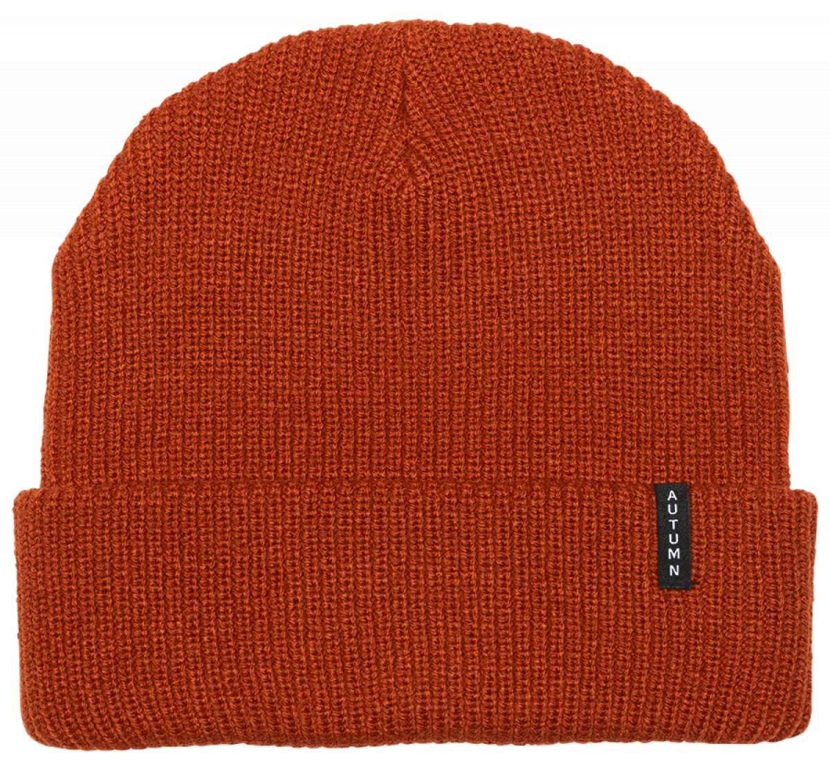 Autumn Select Beanie 2023 - A rust-colored beanie with a black label featuring white lettering that reads "AUTUMN".