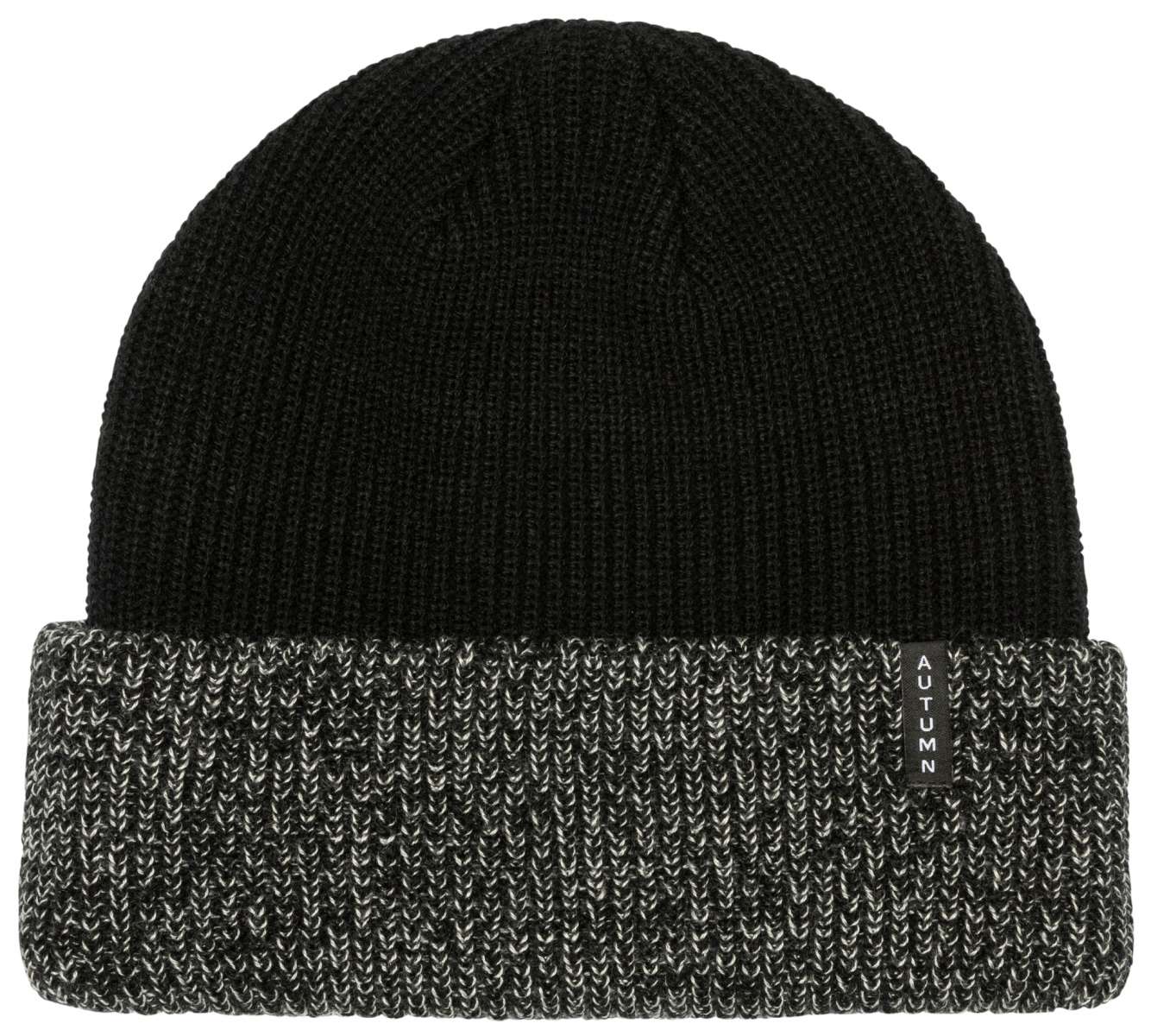 Autumn Blocked Beanie 2024 - A black beanie with a subtle, blocked pattern on the cuff.