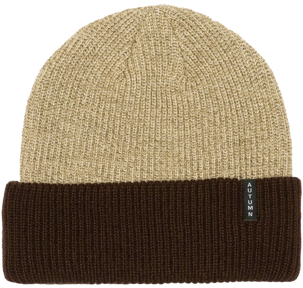 Autumn Blocked Beanie 2024 - A tan beanie with a brown brim and a small black tag that says "AUTUMN" in white letters.