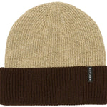 Autumn Blocked Beanie 2024 - A tan beanie with a brown brim and a small black tag that says "AUTUMN" in white letters.