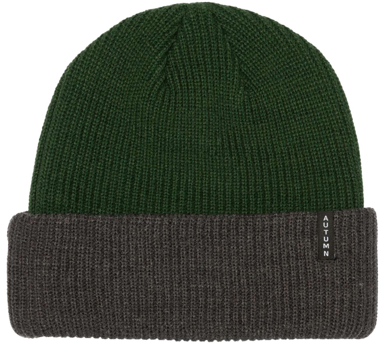 Autumn Blocked Beanie 2024 - A dark green beanie with a subtle blocked pattern on its surface.