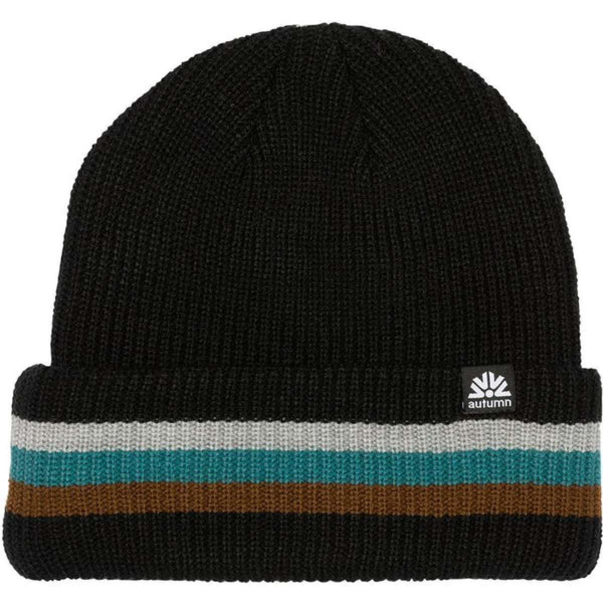Autumn Cuff Beanie 2024 - A black beanie with a horizontal teal, gray, and brown stripe near the cuff.