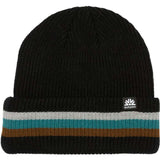 Autumn Cuff Beanie 2024 - A black beanie with a horizontal teal, gray, and brown stripe near the cuff.