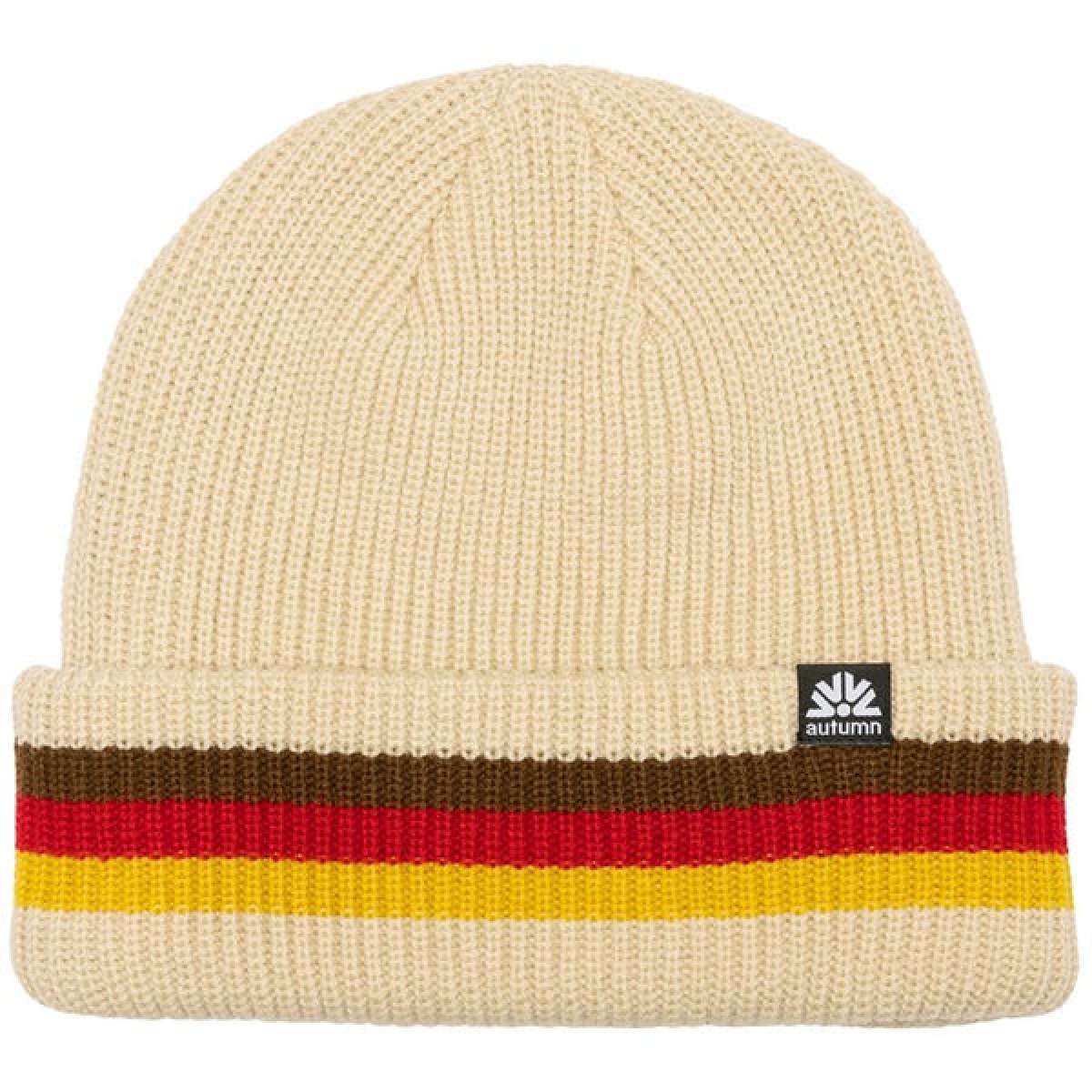 Autumn Cuff Beanie 2024 - A cream-colored beanie with a brown stripe and red, yellow, and white stripes on the cuff.