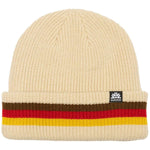 Autumn Cuff Beanie 2024 - A cream-colored beanie with a brown stripe and red, yellow, and white stripes on the cuff.