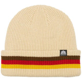 Autumn Cuff Beanie 2024 - A cream-colored beanie with a brown stripe and red, yellow, and white stripes on the cuff.