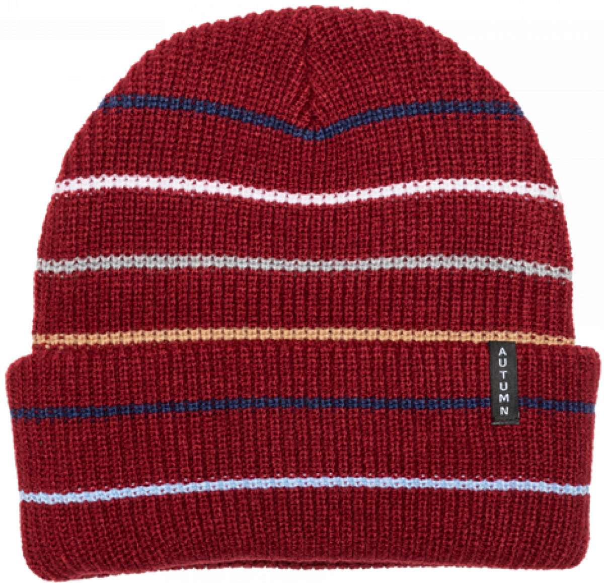 Autumn Multi Stripe Beanie 2023 - A red beanie with horizontal stripes in white, blue, and yellow.
