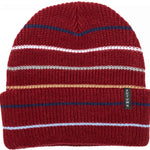 Autumn Multi Stripe Beanie 2023 - A red beanie with horizontal stripes in white, blue, and yellow.