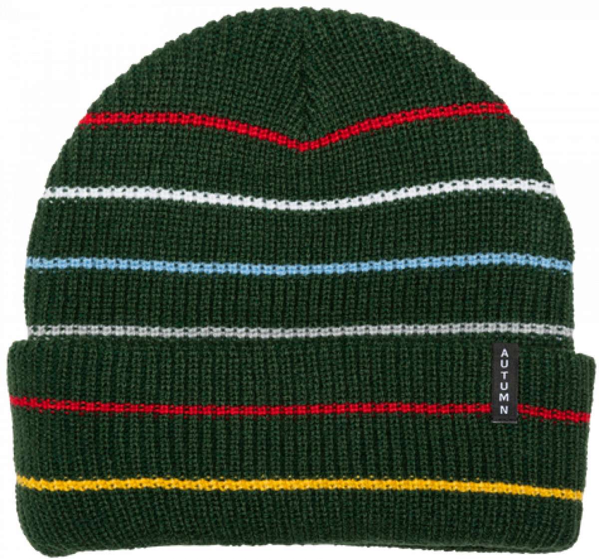 Autumn Multi Stripe Beanie 2023 - A dark green beanie with horizontal stripes in red, white, blue and yellow.