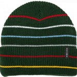 Autumn Multi Stripe Beanie 2023 - A dark green beanie with horizontal stripes in red, white, blue and yellow.