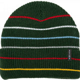 Autumn Multi Stripe Beanie 2023 - A dark green beanie with horizontal stripes in red, white, blue and yellow.