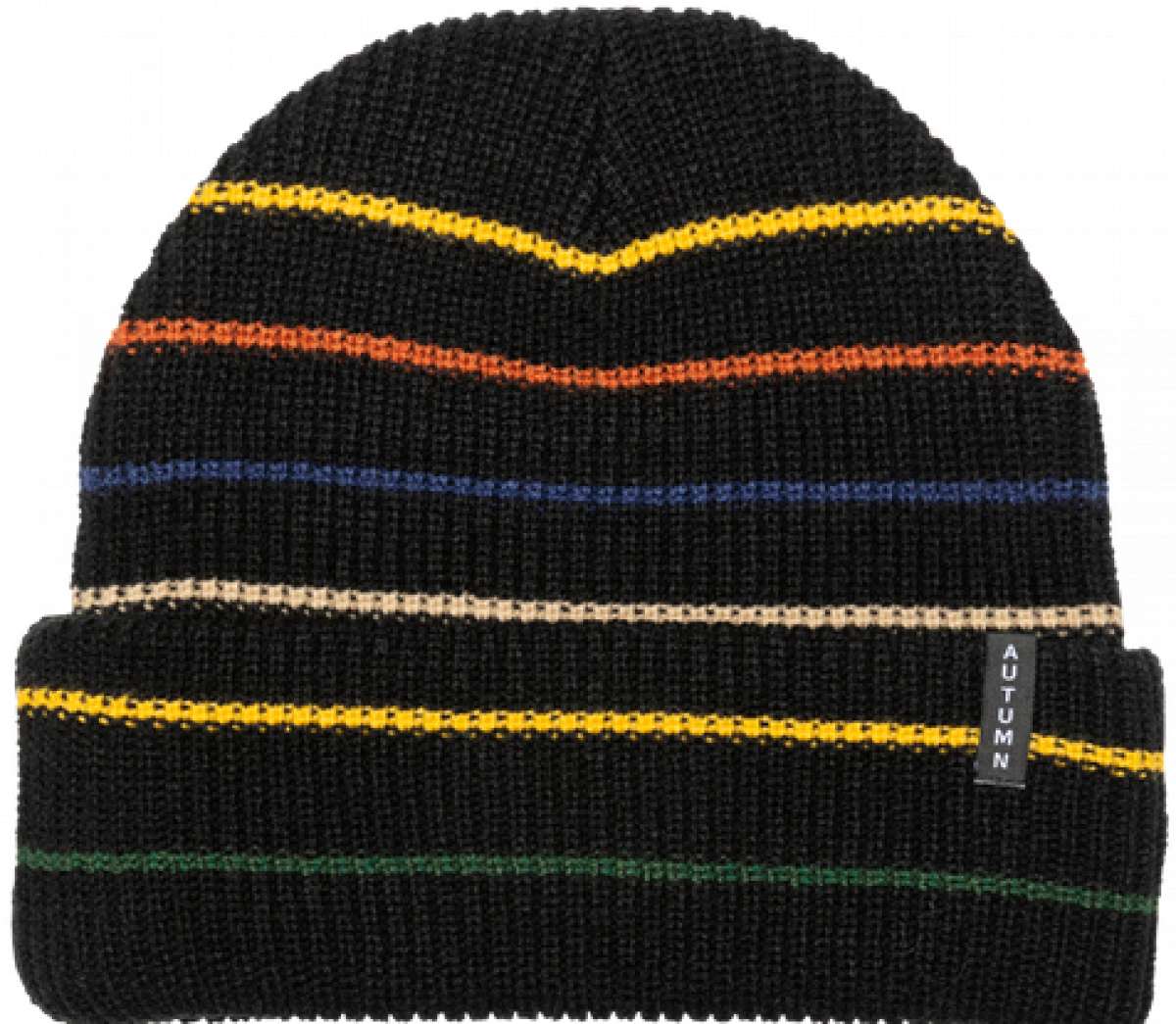 Autumn Multi Stripe Beanie 2023 - A black beanie with horizontal stripes in orange, blue, yellow, and green.
