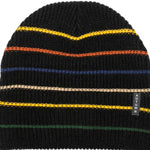 Autumn Multi Stripe Beanie 2023 - A black beanie with horizontal stripes in orange, blue, yellow, and green.