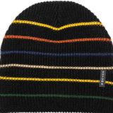 Autumn Multi Stripe Beanie 2023 - A black beanie with horizontal stripes in orange, blue, yellow, and green.