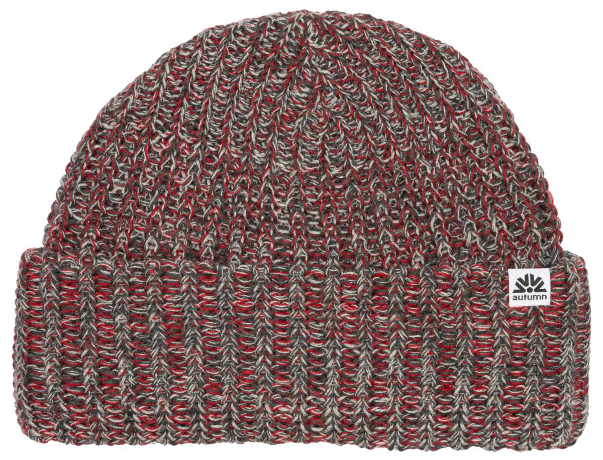 Autumn Nomad Beanie 2024 - A gray beanie with red stripes and a white logo on the front.