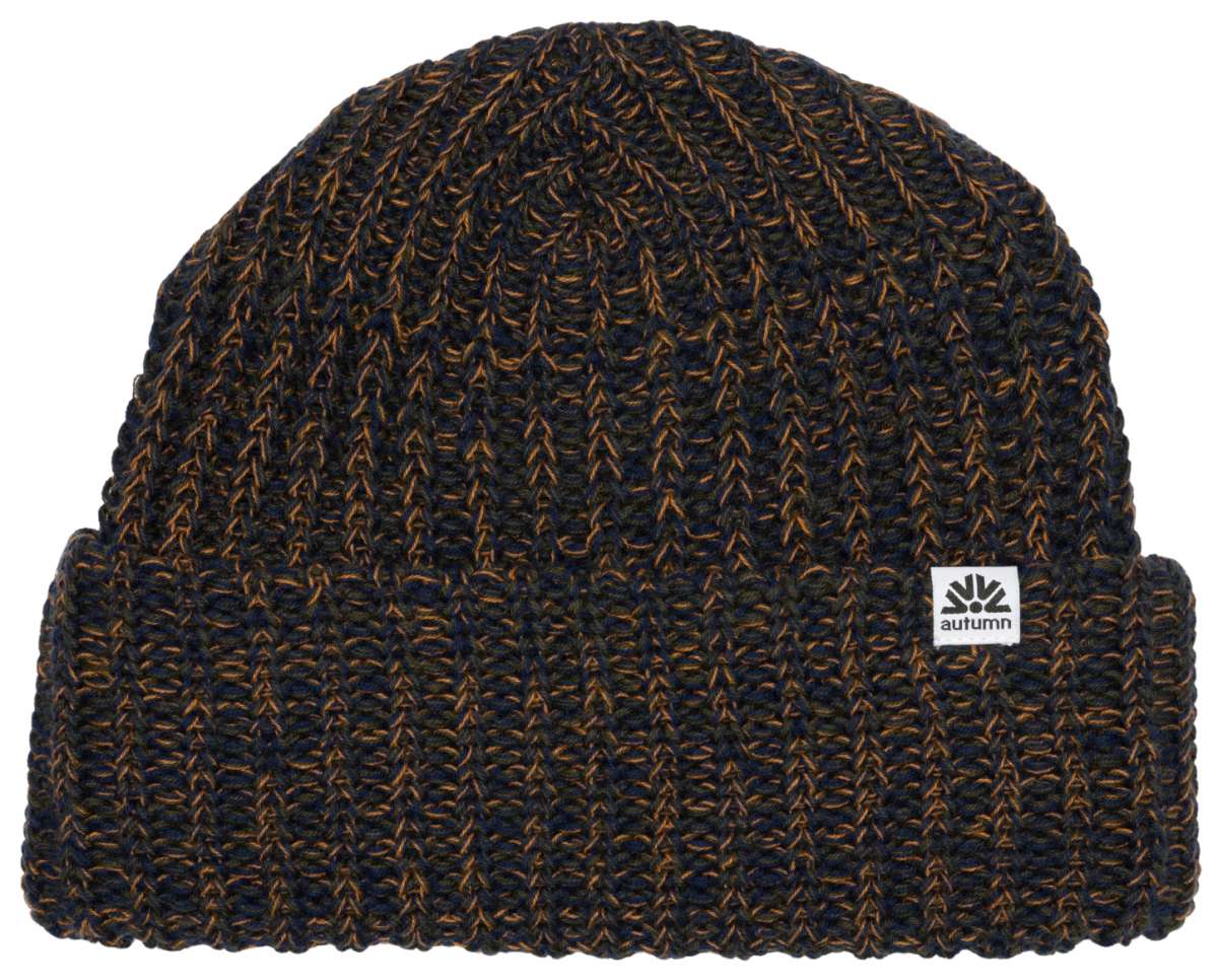 Autumn Nomad Beanie 2024 - A dark brown beanie with a subtle orange and yellow marbled pattern.