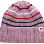 Autumn Retro Beanie 2023 - A dusty rose-colored beanie with a wavy red stripe and a white stripe above it.