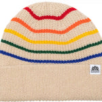 Autumn Retro Beanie 2023 - A cream-colored beanie with a rainbow stripe pattern on top.