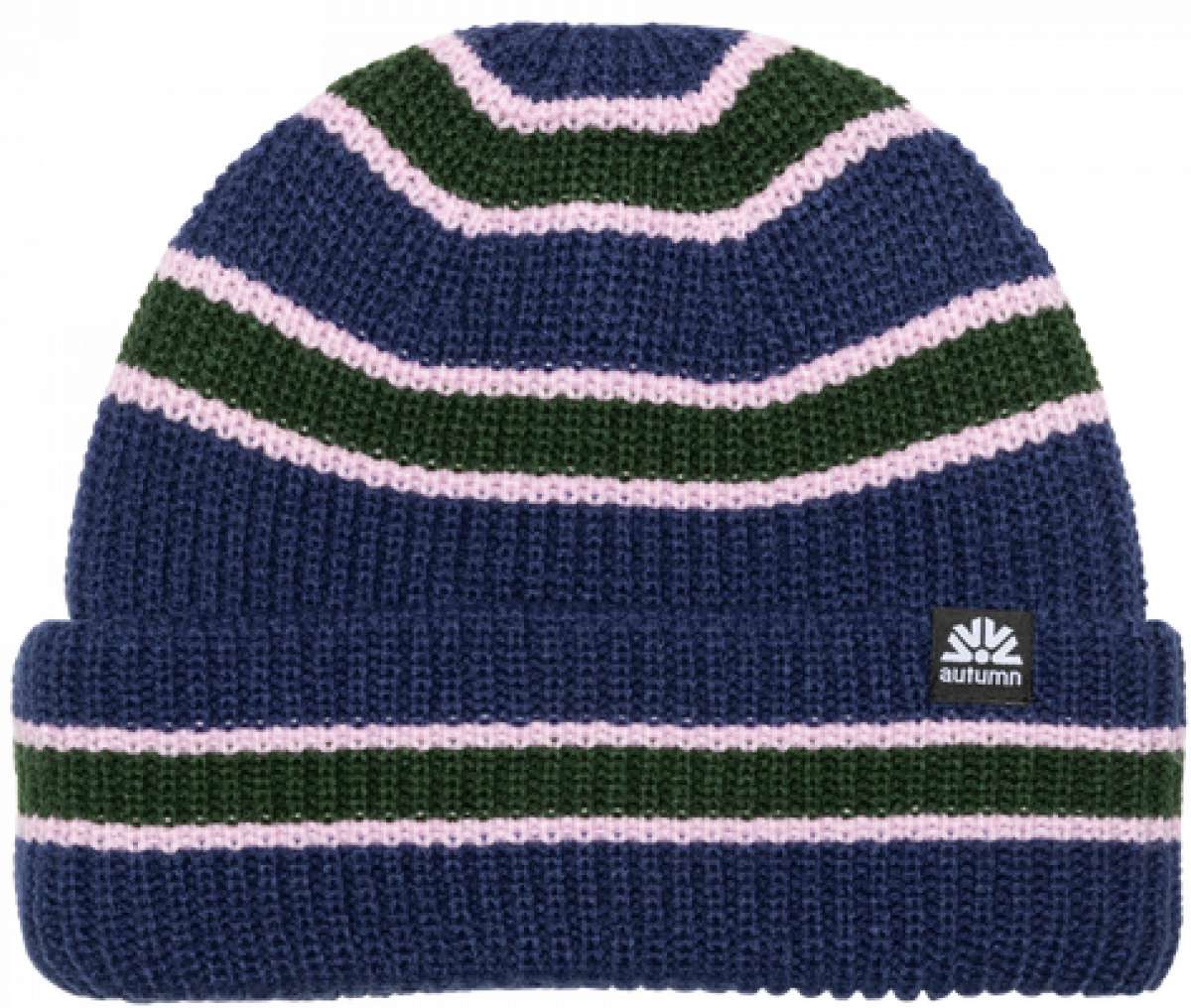 Autumn Retro Beanie 2023 - A navy blue beanie with a green stripe and pink trim.