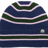 Autumn Retro Beanie 2023 - A navy blue beanie with a green stripe and pink trim.