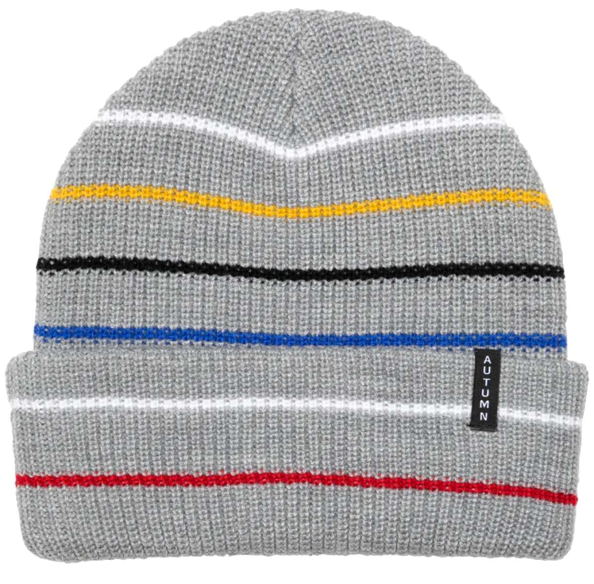 Autumn Select Multi Stripe Beanie 2023 - A gray beanie with horizontal stripes in yellow, black, blue and red.