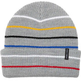 Autumn Select Multi Stripe Beanie 2023 - A gray beanie with horizontal stripes in yellow, black, blue and red.