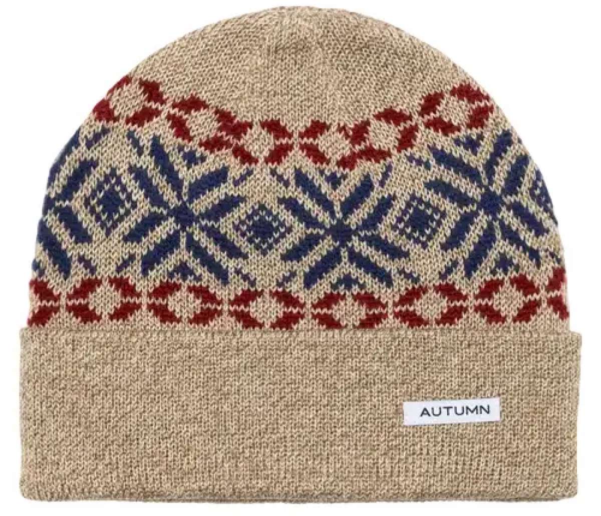 Autumn Select Roots Beanie 2023 - A tan beanie with a red and blue geometric pattern on top.