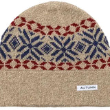 Autumn Select Roots Beanie 2023 - A tan beanie with a red and blue geometric pattern on top.