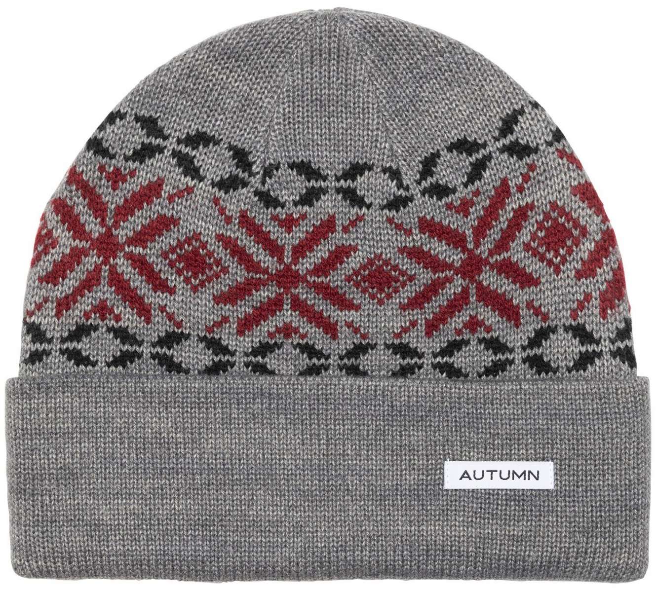 Autumn Select Roots Beanie 2023 - A gray beanie with a red and black geometric pattern on top.