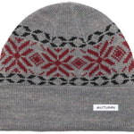 Autumn Select Roots Beanie 2023 - A gray beanie with a red and black geometric pattern on top.