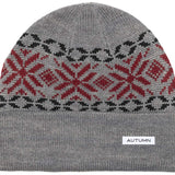 Autumn Select Roots Beanie 2023 - A gray beanie with a red and black geometric pattern on top.