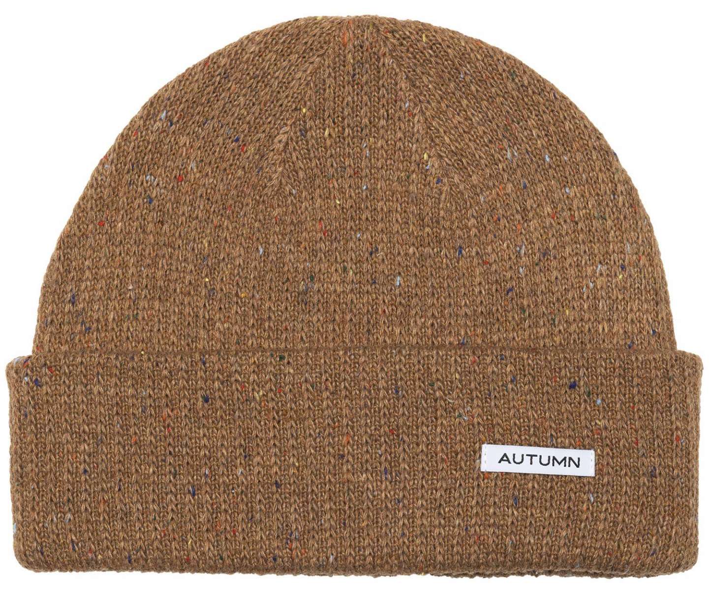 Autumn Select Speckled Beanie 2023 - A brown beanie with multicolored specks and a white label that reads "AUTUMN" on the front.