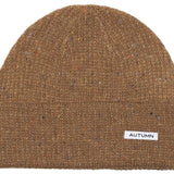 Autumn Select Speckled Beanie 2023 - A brown beanie with multicolored specks and a white label that reads "AUTUMN" on the front.