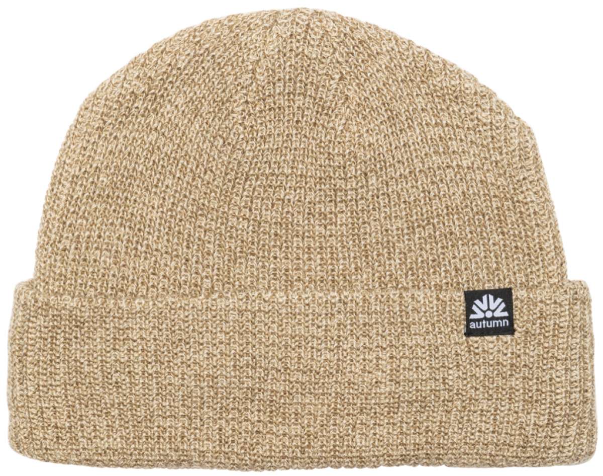 Autumn Simple Beanie 2022-2023 - A tan beanie with a small black tag featuring a white logo and the word "autumn".