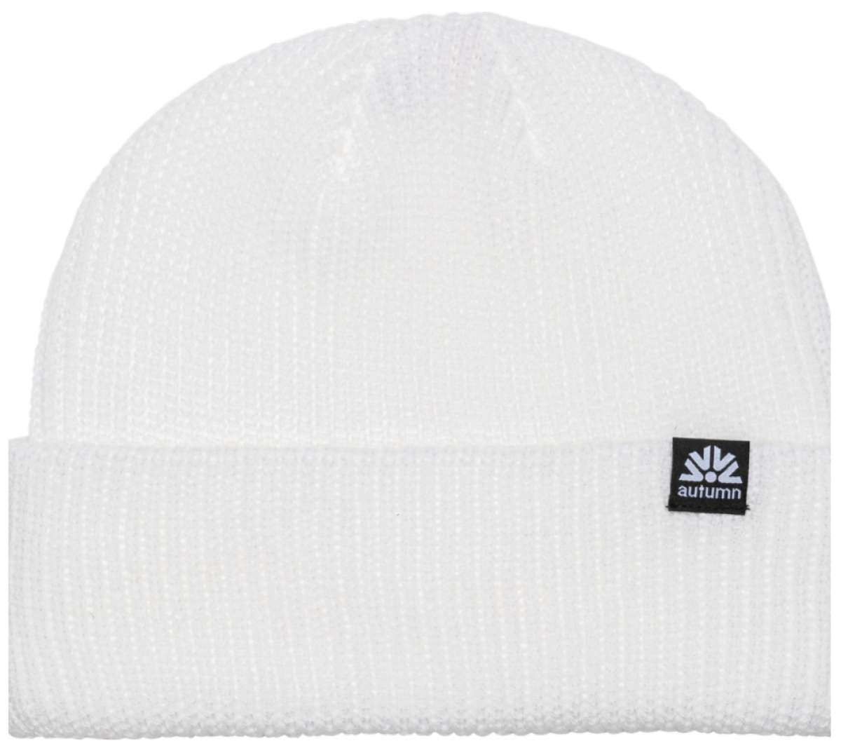 Autumn Simple Beanie 2022-2023 - A white beanie with a small black tag featuring the word "autumn" in white letters.