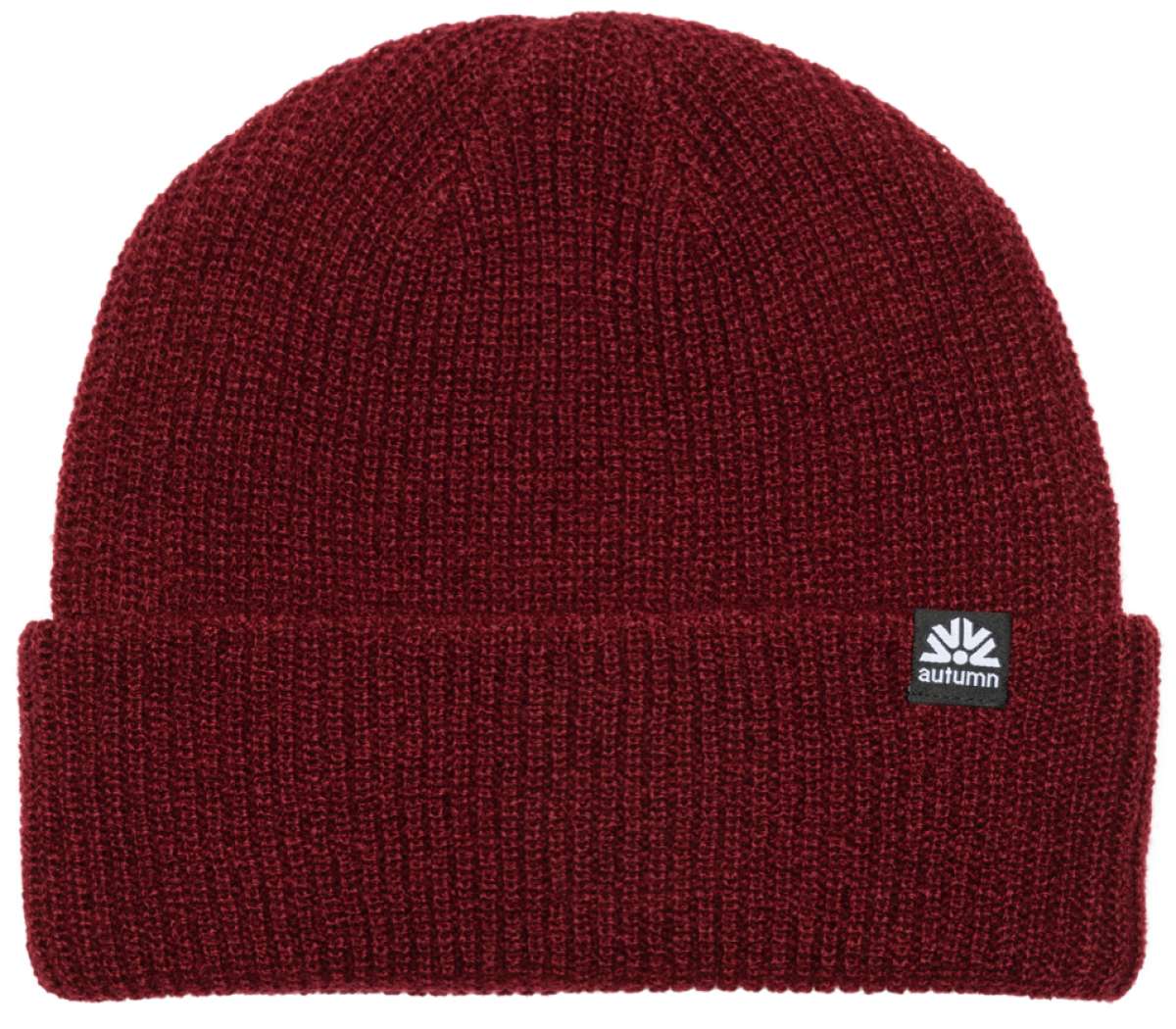 Autumn Simple Beanie 2022-2023 - A dark red beanie with a small black tag featuring a white logo and the word "autumn" in white letters.
