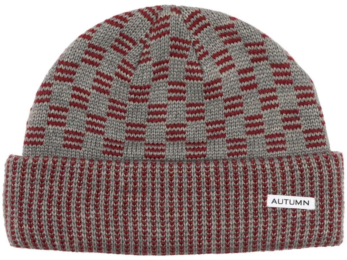 Autumn Squared Beanie 2024 - A gray beanie with a red geometric pattern on top and a ribbed cuff at the bottom.
