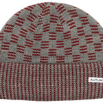 Autumn Squared Beanie 2024 - A gray beanie with a red geometric pattern on top and a ribbed cuff at the bottom.