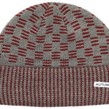 Autumn Squared Beanie 2024 - A gray beanie with a red geometric pattern on top and a ribbed cuff at the bottom.