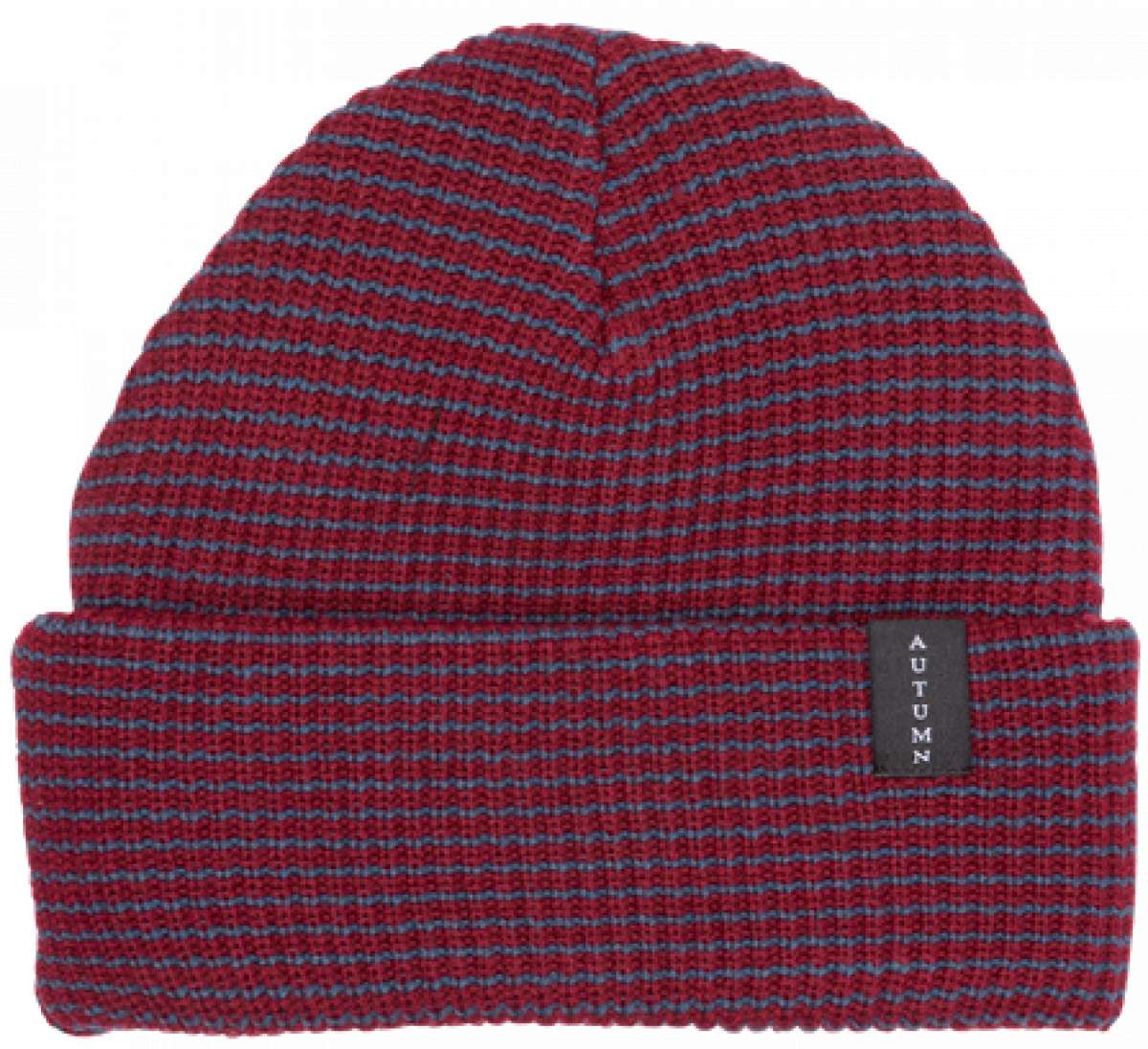 Autumn Stripe Beanie 2023 - A red beanie with blue stripes and a black label that says "AUTUMN" in white letters.